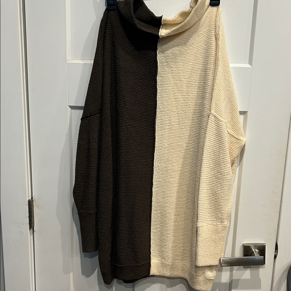 Elegant Brown and Cream Oversized Women's Turtleneck Sweater